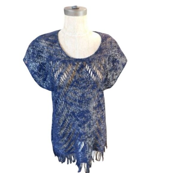 Chico's Size XL (3) Navy Blue Gold Knit Woven Unique Top - Picture 1 of 3